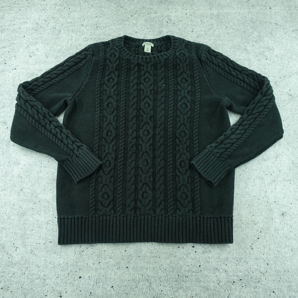 LL Bean Double L Charcoal Black Womens Medium Cable Knit Crewneck Sweater 298839